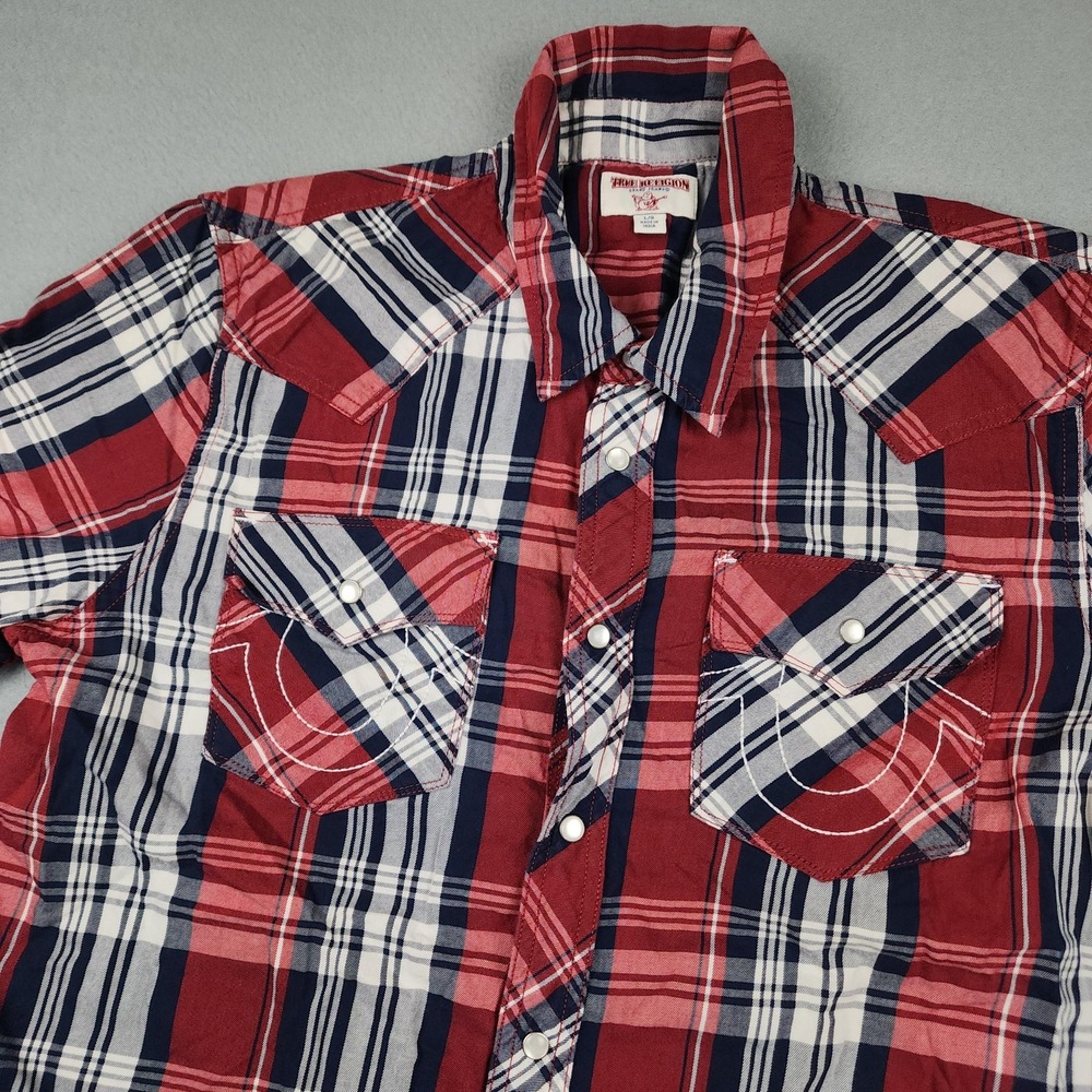 True Religion Shirt Mens Large Red Blue Plaid Pearl Snap Short Sleeve Western